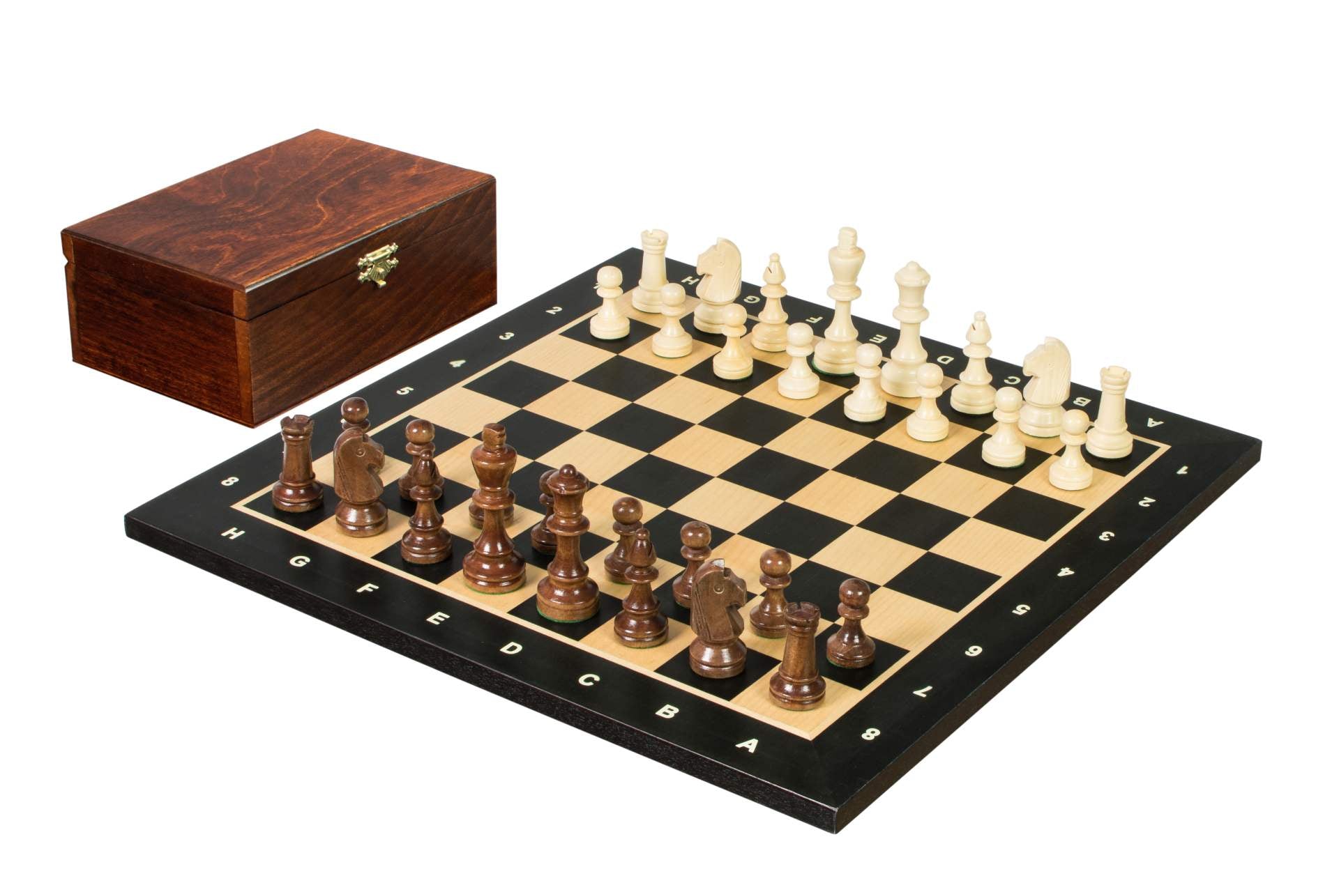 Set di scacchi da torneo n. 4 - scacchiera da 40 mm + figure Sunrise Staunton da 78 mm in baule di legno - 95d8abad4b168dd469f4d760e4ad9125